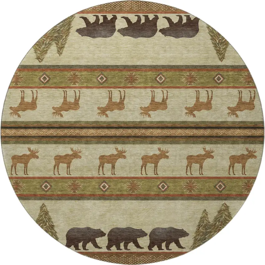 8' Brown Beige And Rust Animal Print Washable Round Rug With UV Protection Photo 4