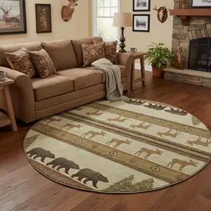Photo of 8' Brown Beige And Rust Animal Print Washable Round Rug With UV Protection