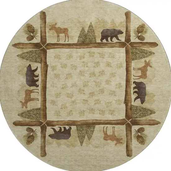 8' Brown Beige And Rust Animal Print Washable Round Rug With UV Protection Photo 4