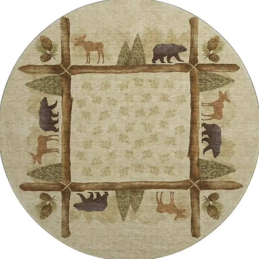 8' Brown Beige And Rust Animal Print Washable Round Rug With UV Protection Photo 4