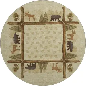 Photo of 8' Brown Beige And Rust Animal Print Washable Round Rug With UV Protection