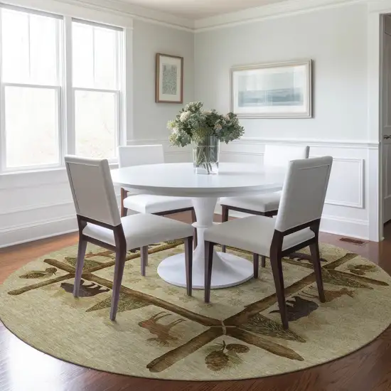 8' Brown Beige And Rust Animal Print Washable Round Rug With UV Protection Photo 5