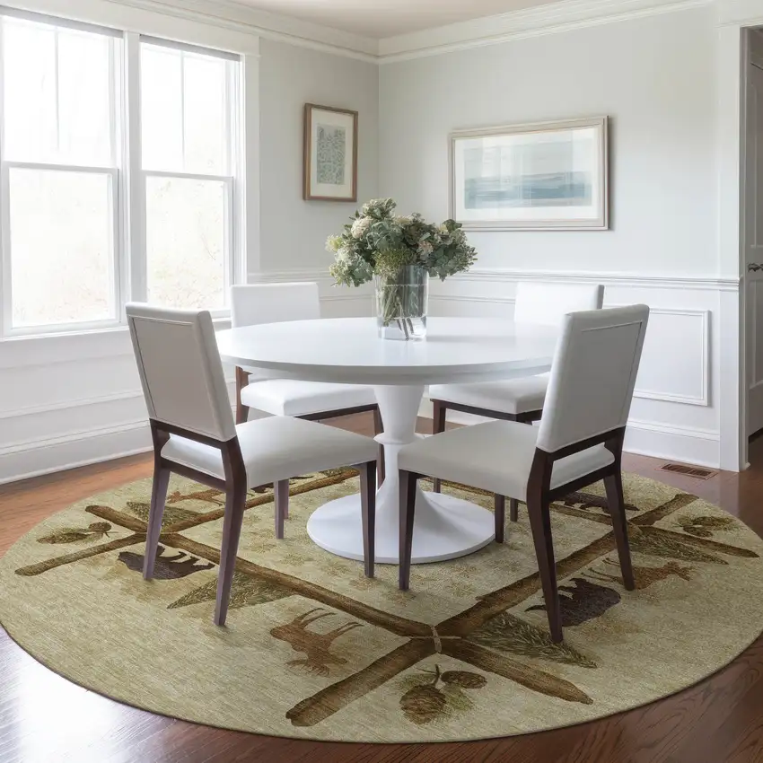 8' Brown Beige And Rust Animal Print Washable Round Rug With UV Protection Photo 5