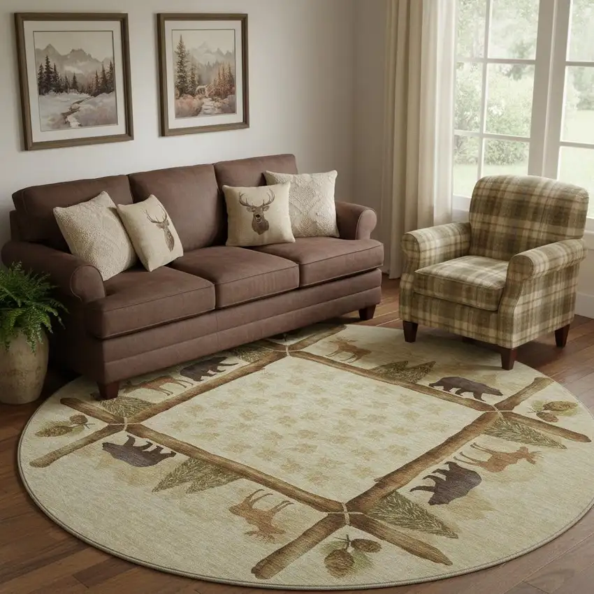 8' Brown Beige And Rust Animal Print Washable Round Rug With UV Protection Photo 1