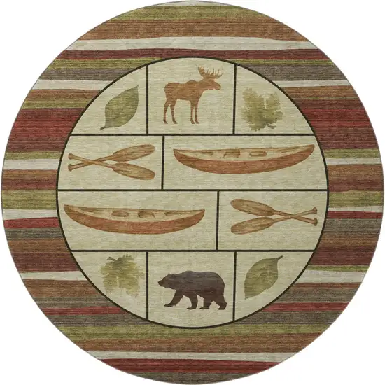 8' Brown Beige And Rust Animal Print Washable Round Rug With UV Protection Photo 4
