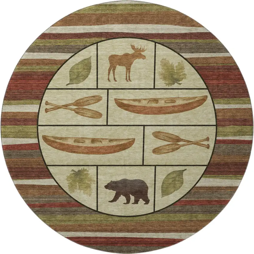 8' Brown Beige And Rust Animal Print Washable Round Rug With UV Protection Photo 4