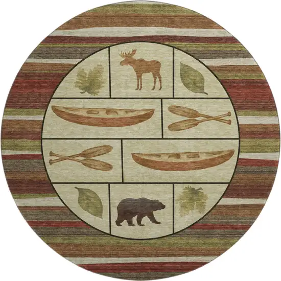 8' Brown Beige And Rust Animal Print Washable Round Rug With UV Protection Photo 2