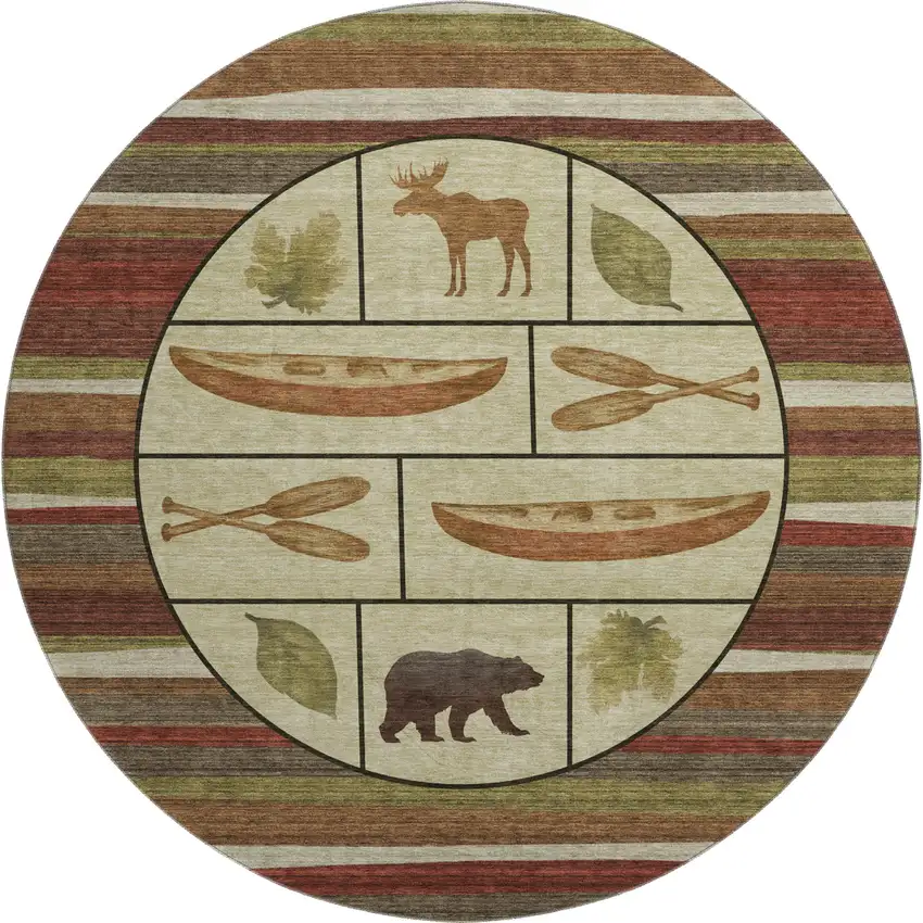 8' Brown Beige And Rust Animal Print Washable Round Rug With UV Protection Photo 2