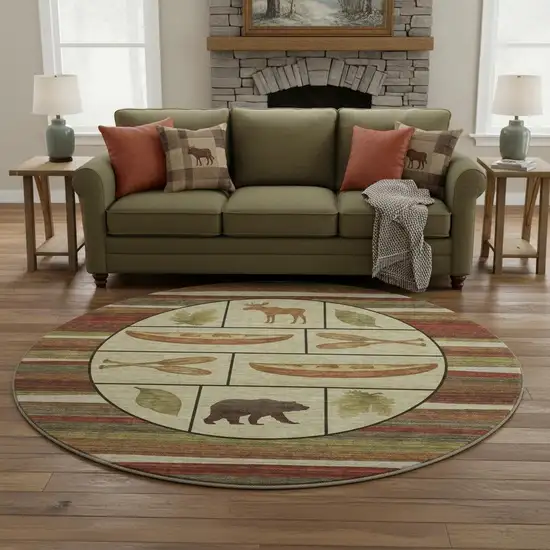 8' Brown Beige And Rust Animal Print Washable Round Rug With UV Protection Photo 1