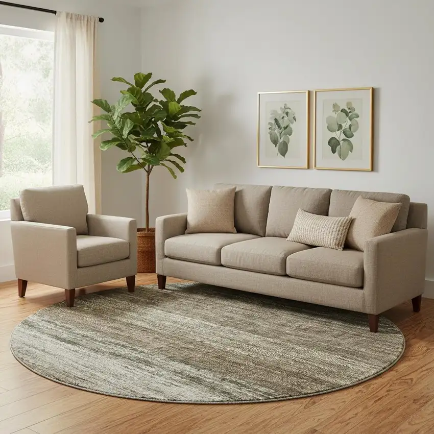 8' Brown Beige And Tan Ombre Washable Round Rug With UV Protection Photo 1