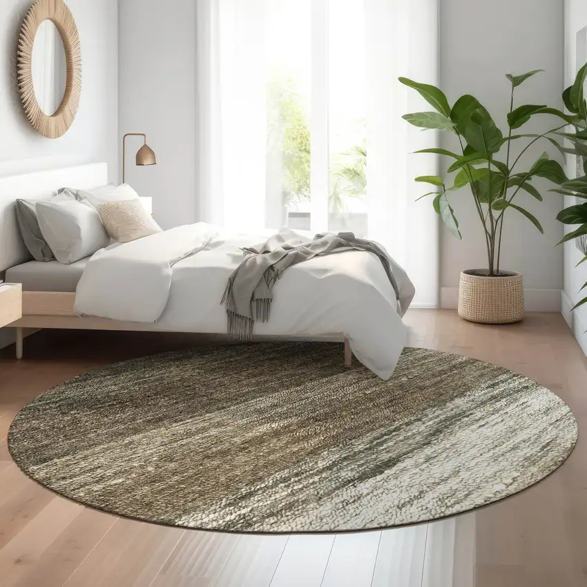 8' Brown Beige And Tan Ombre Washable Round Rug With UV Protection Photo 5