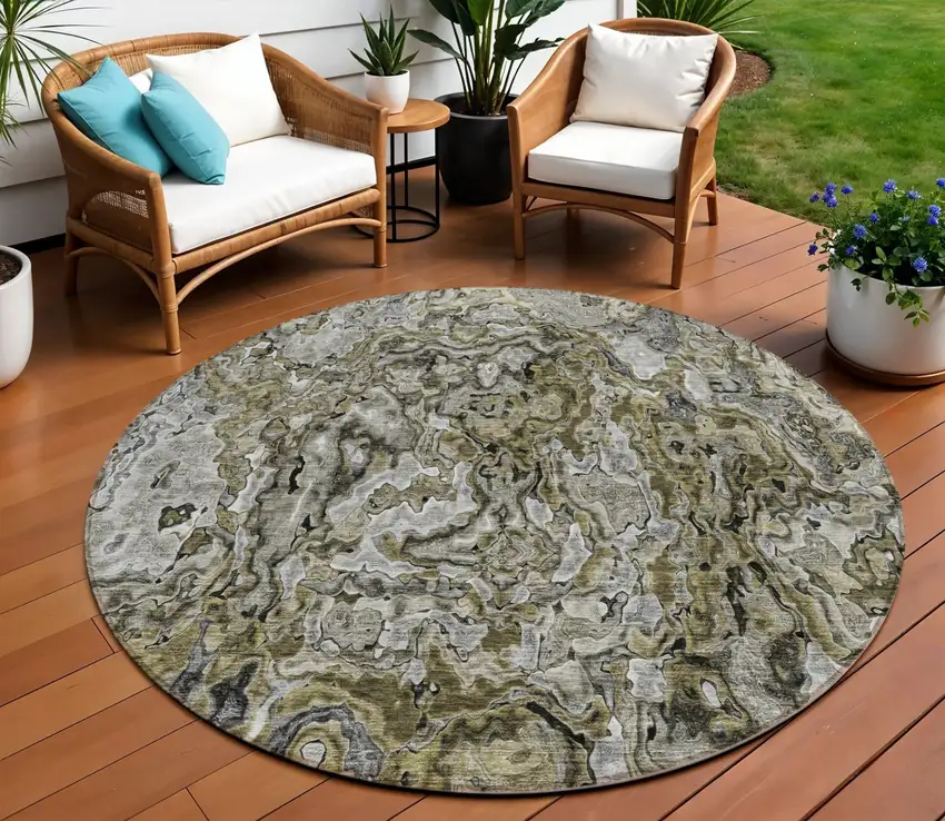 8' Brown Beige And Tan Round Abstract Washable Indoor Outdoor Area Rug Photo 1