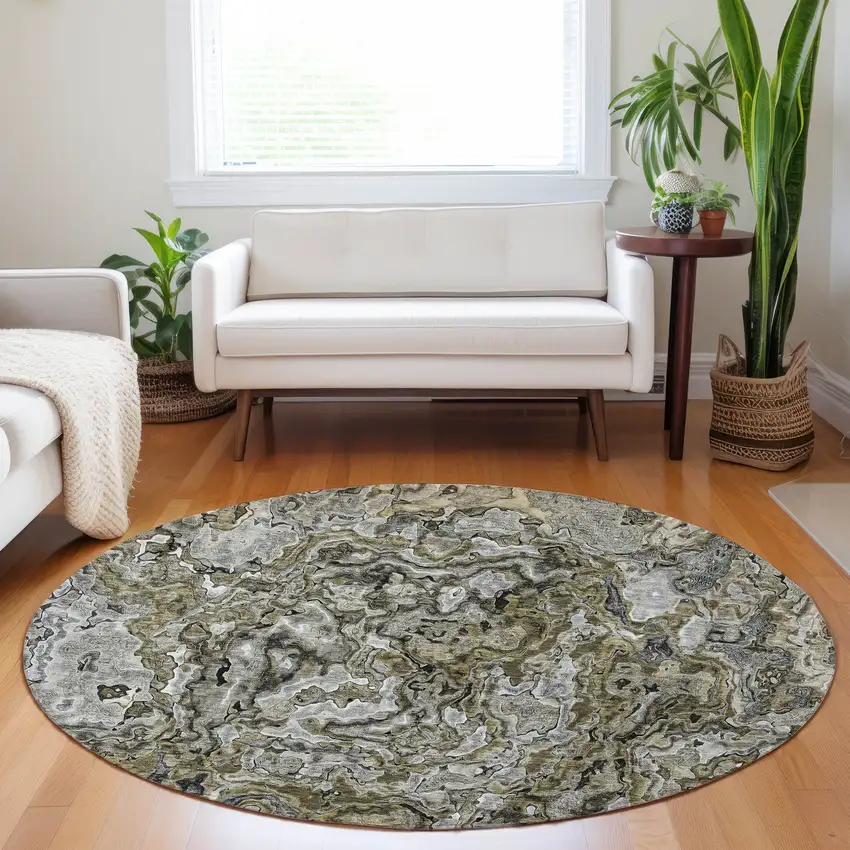 8' Brown Beige And Tan Round Abstract Washable Indoor Outdoor Area Rug Photo 7