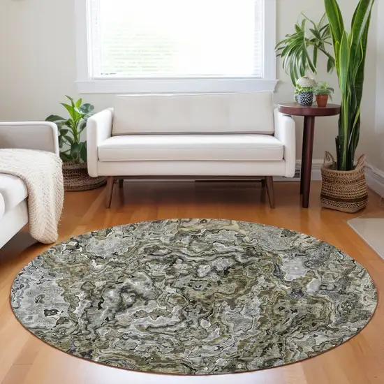 8' Brown Beige And Tan Round Abstract Washable Indoor Outdoor Area Rug Photo 7