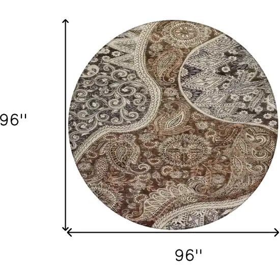 8' Brown Beige And Tan Round Floral Medallion Washable Indoor Outdoor Area Rug Photo 8