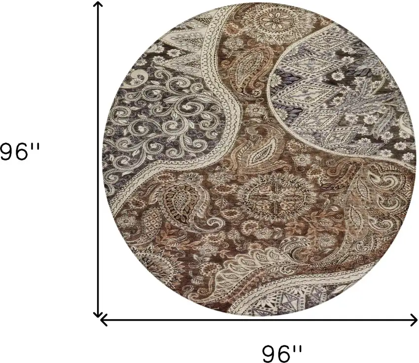 8' Brown Beige And Tan Round Floral Medallion Washable Indoor Outdoor Area Rug Photo 8