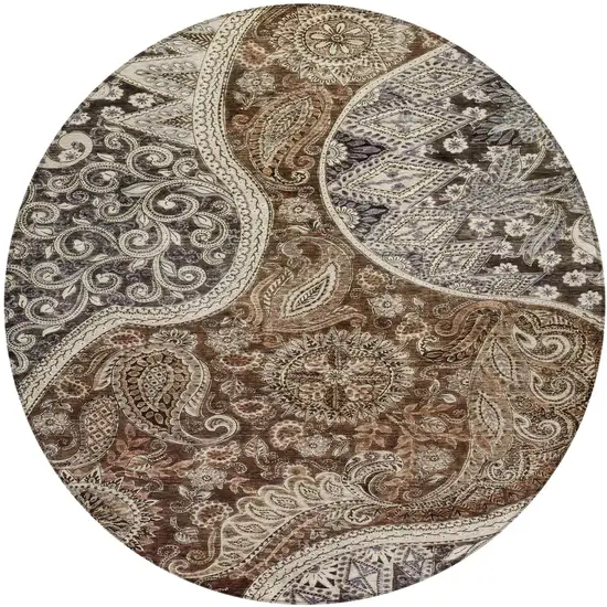 8' Brown Beige And Tan Round Floral Medallion Washable Indoor Outdoor Area Rug Photo 2