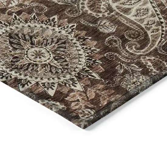 8' Brown Beige And Tan Round Floral Medallion Washable Indoor Outdoor Area Rug Photo 4