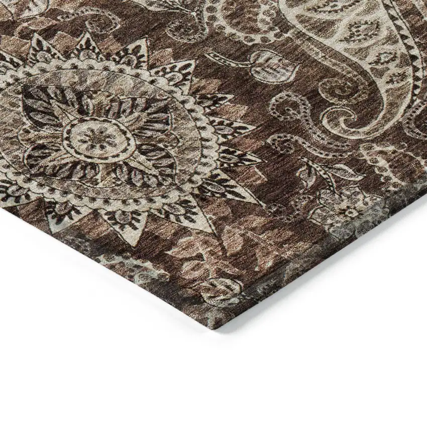 8' Brown Beige And Tan Round Floral Medallion Washable Indoor Outdoor Area Rug Photo 4