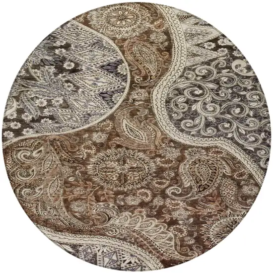 8' Brown Beige And Tan Round Floral Medallion Washable Indoor Outdoor Area Rug Photo 5
