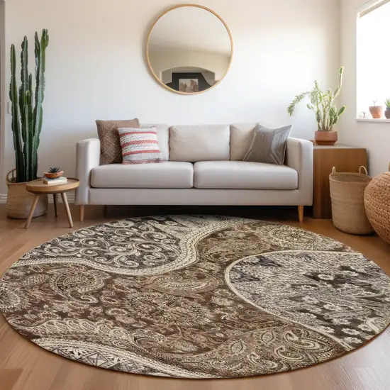 8' Brown Beige And Tan Round Floral Medallion Washable Indoor Outdoor Area Rug Photo 7