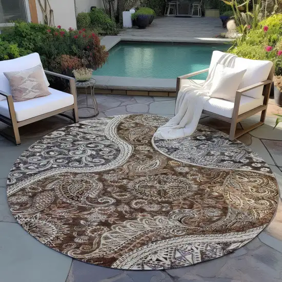 8' Brown Beige And Tan Round Floral Medallion Washable Indoor Outdoor Area Rug Photo 6