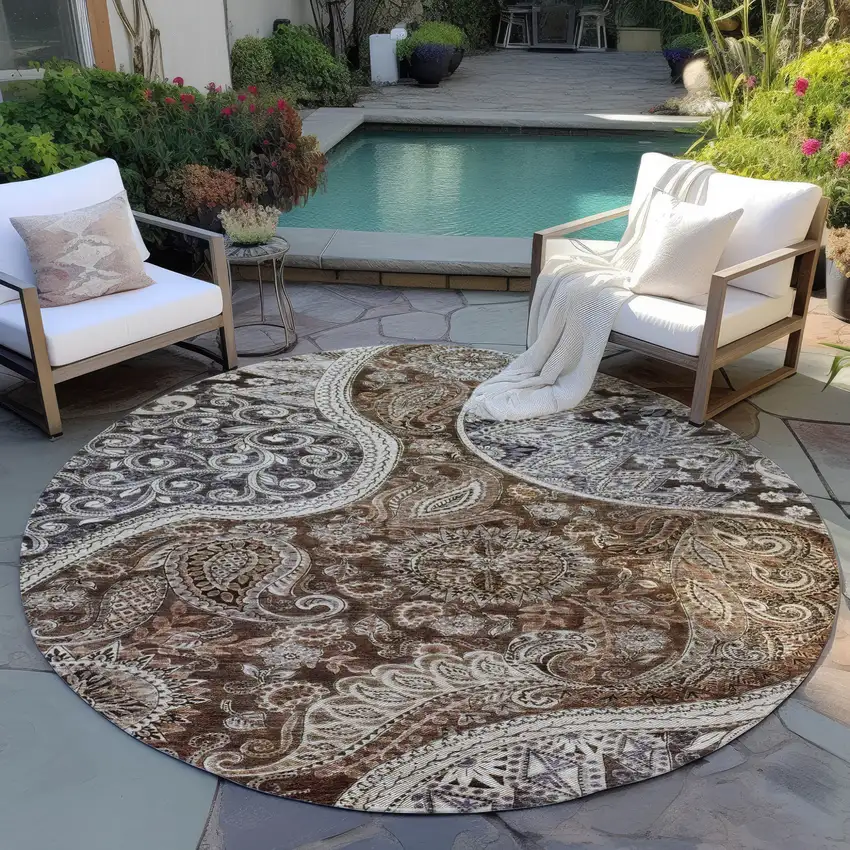 8' Brown Beige And Tan Round Floral Medallion Washable Indoor Outdoor Area Rug Photo 6