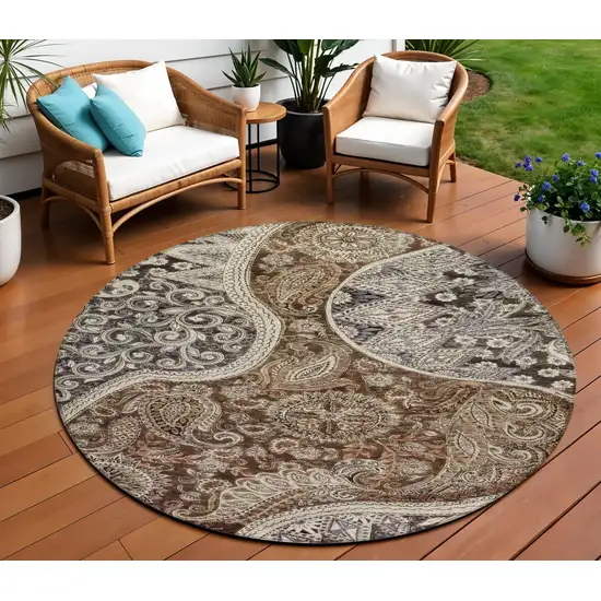 8' Brown Beige And Tan Round Floral Medallion Washable Indoor Outdoor Area Rug Photo 1
