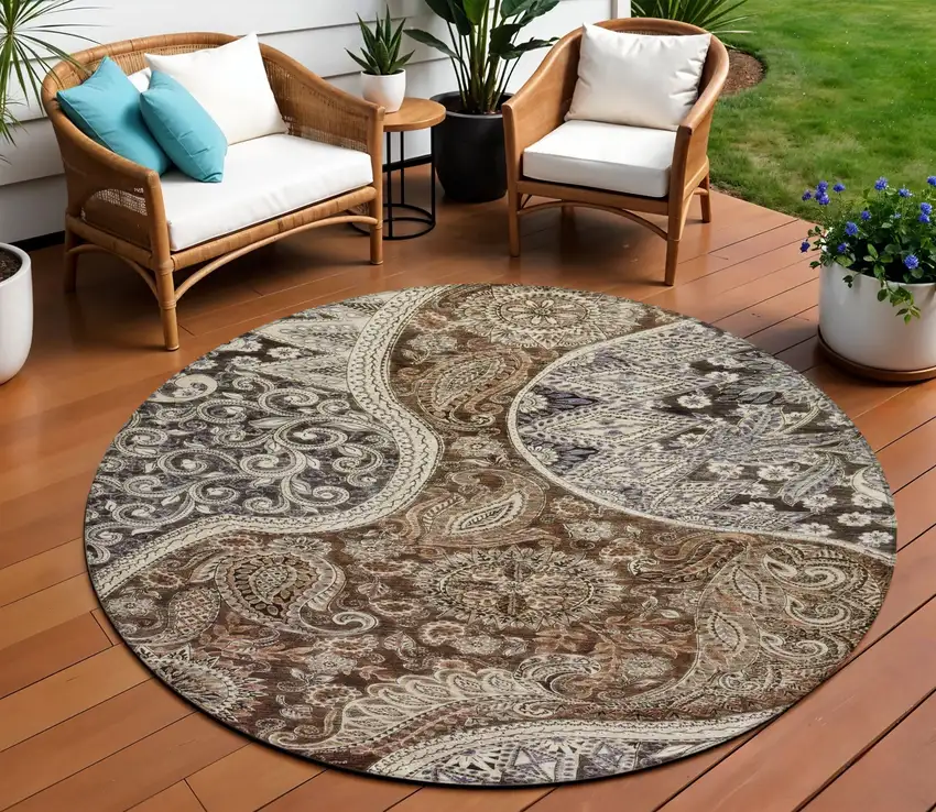 8' Brown Beige And Tan Round Floral Medallion Washable Indoor Outdoor Area Rug Photo 1