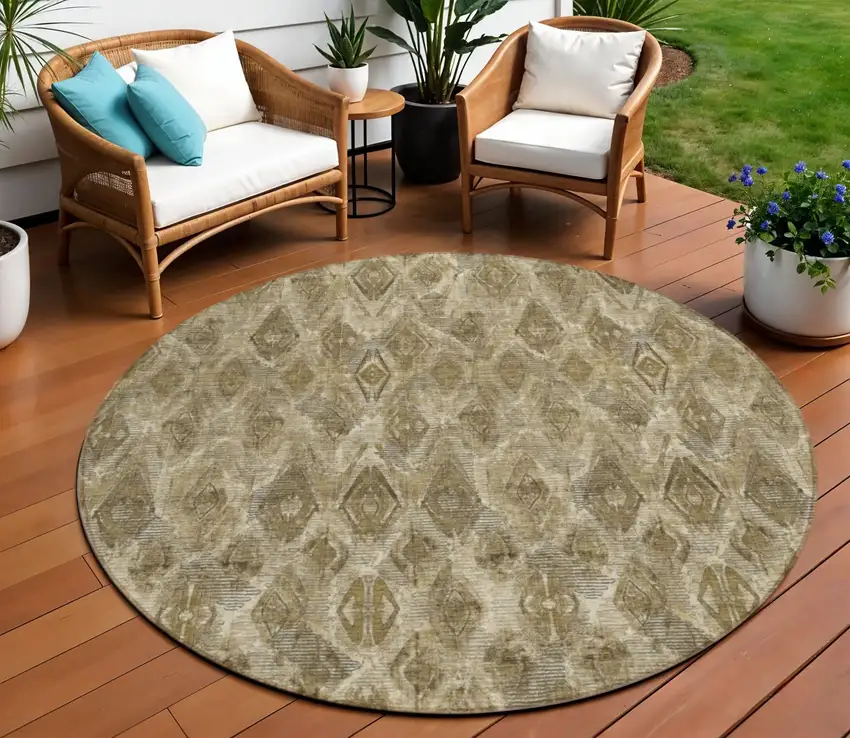 8' Brown Beige And Tan Round Geometric Washable Indoor Outdoor Area Rug Photo 1