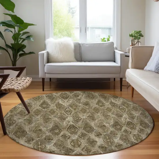 8' Brown Beige And Tan Round Geometric Washable Indoor Outdoor Area Rug Photo 6