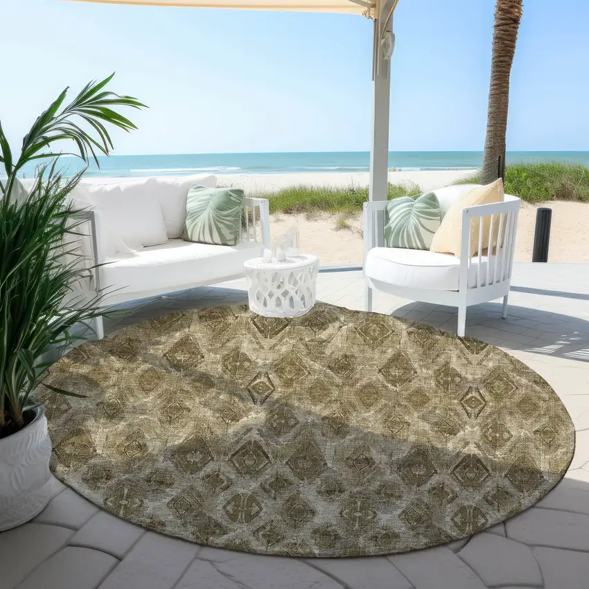 8' Brown Beige And Tan Round Geometric Washable Indoor Outdoor Area Rug Photo 5