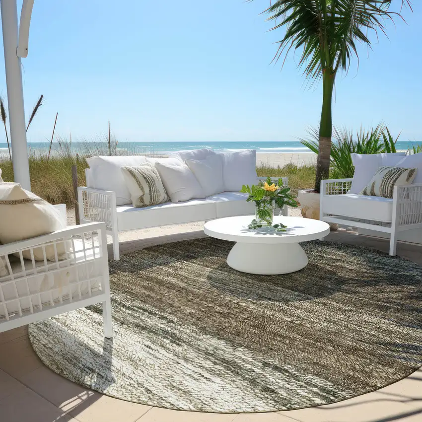 8' Brown Beige And Tan Round Ombre Washable Indoor Outdoor Area Rug Photo 6