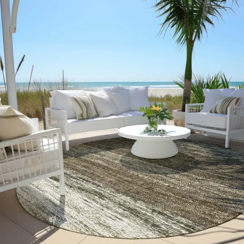 8' Brown Beige And Tan Round Ombre Washable Indoor Outdoor Area Rug Photo 6