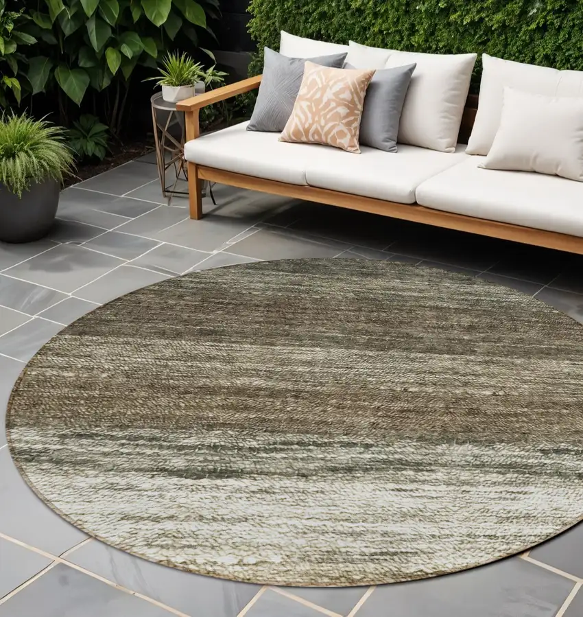 8' Brown Beige And Tan Round Ombre Washable Indoor Outdoor Area Rug Photo 1