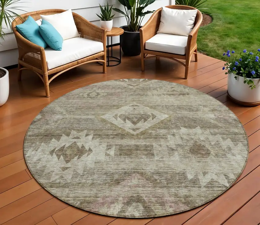 8' Brown Beige And Tan Round Southwestern Washable Indoor Outdoor Area Rug Photo 1