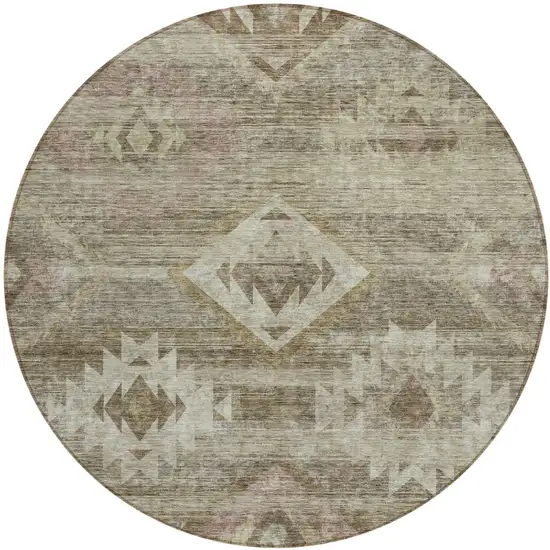8' Brown Beige And Tan Round Southwestern Washable Indoor Outdoor Area Rug Photo 2