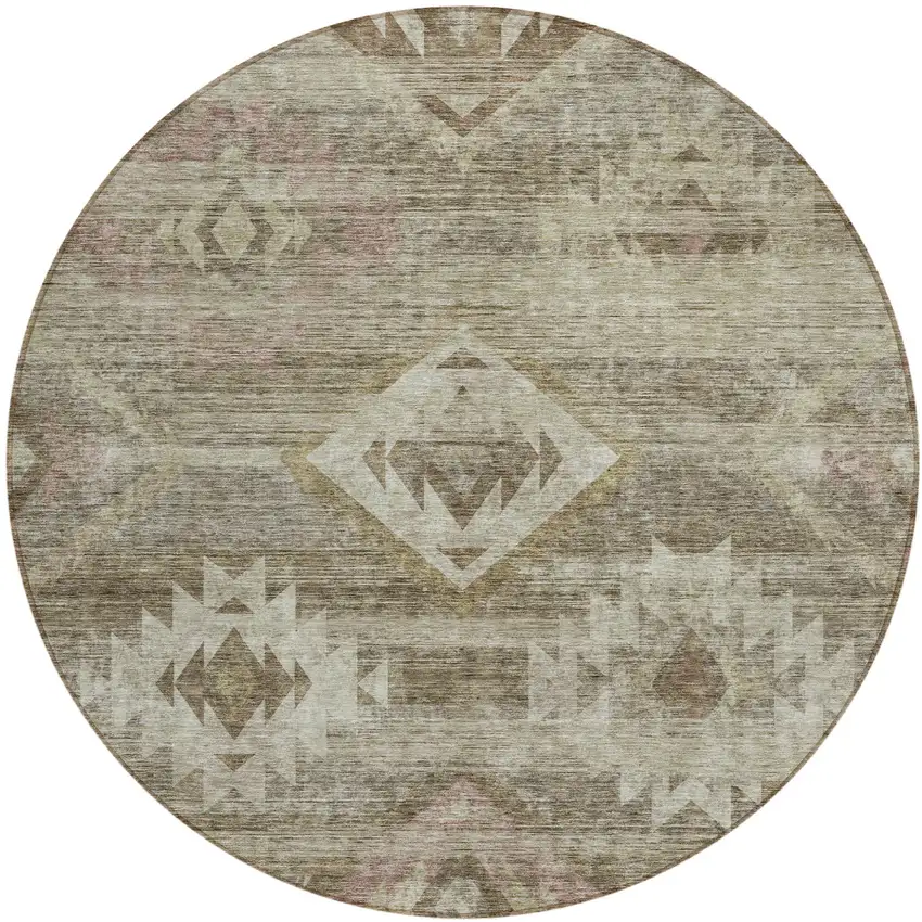 8' Brown Beige And Tan Round Southwestern Washable Indoor Outdoor Area Rug Photo 2