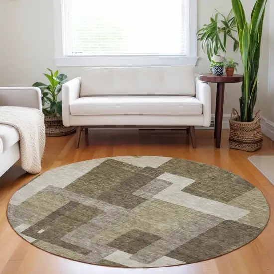 8' Brown Beige And Taupe Abstract Geometric Washable Round Rug With UV Protection Photo 5