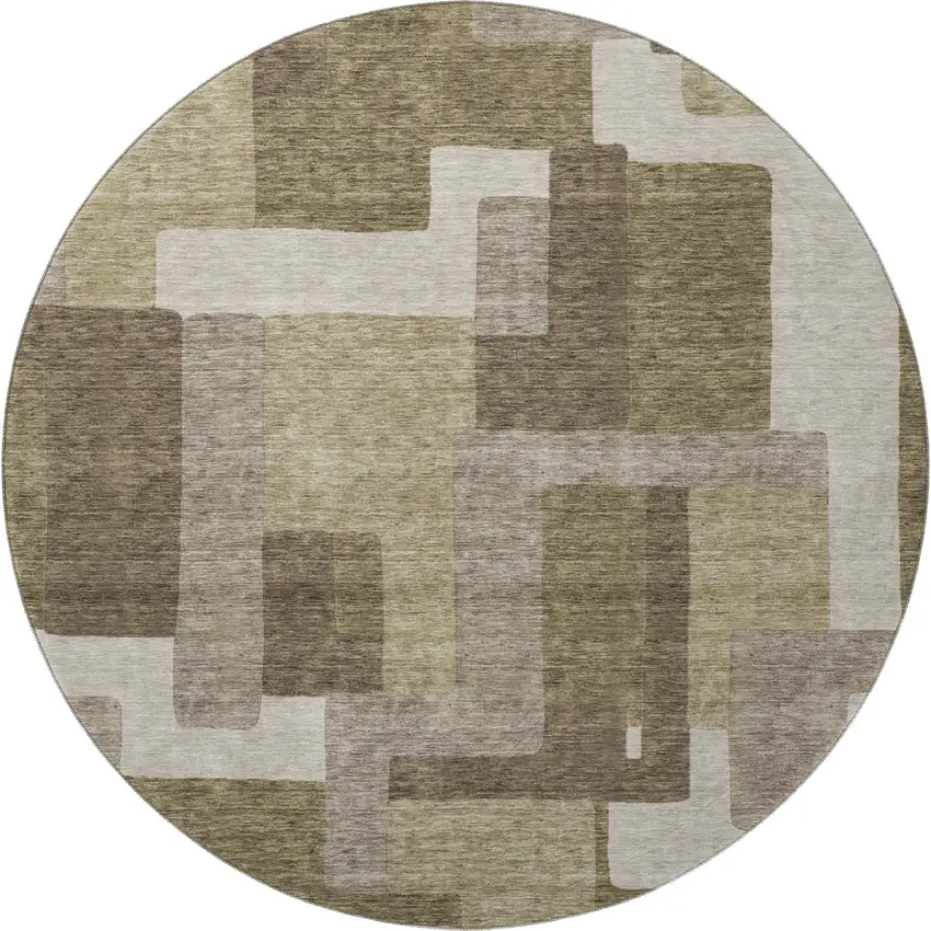 8' Brown Beige And Taupe Abstract Geometric Washable Round Rug With UV Protection Photo 4