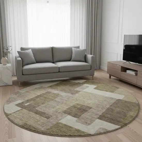 8' Brown Beige And Taupe Abstract Geometric Washable Round Rug With UV Protection Photo 2