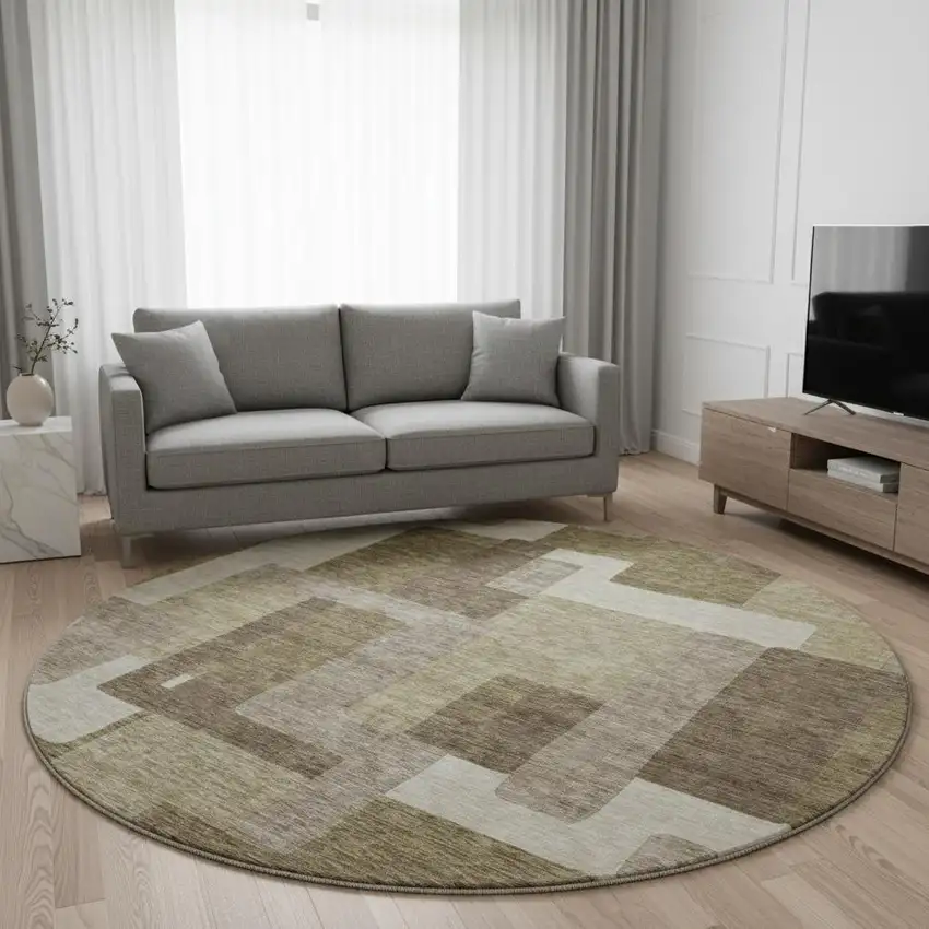 8' Brown Beige And Taupe Abstract Geometric Washable Round Rug With UV Protection Photo 2