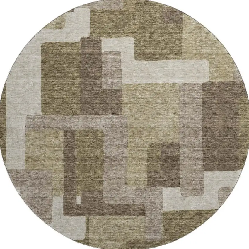 8' Brown Beige And Taupe Abstract Geometric Washable Round Rug With UV Protection Photo 3