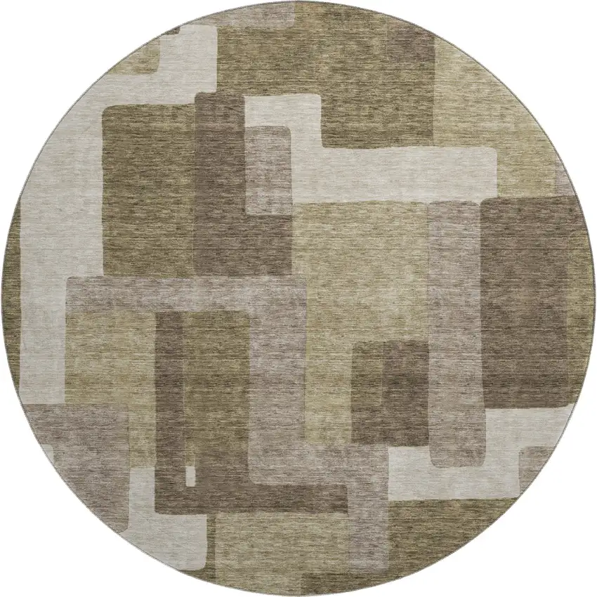 8' Brown Beige And Taupe Abstract Geometric Washable Round Rug With UV Protection Photo 1
