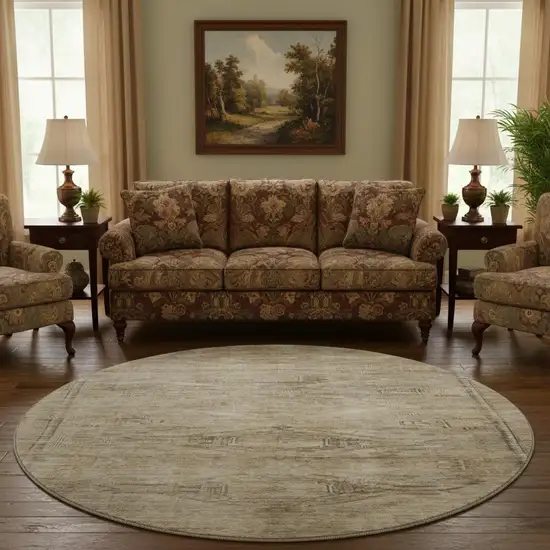 8' Brown Beige And Taupe Abstract Geometric Washable Round Rug With UV Protection Photo 2