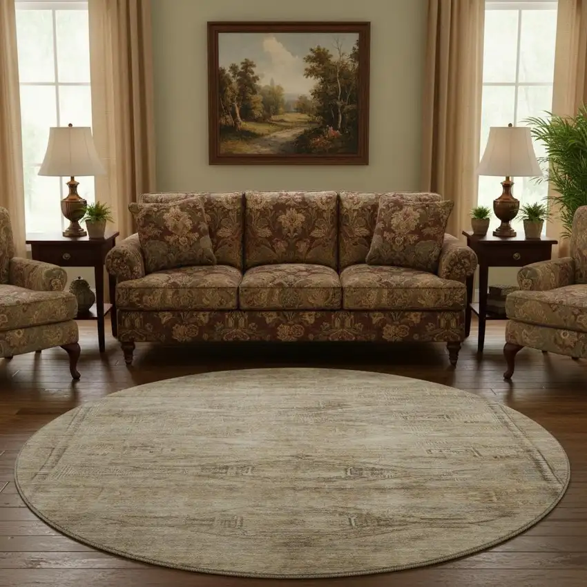 8' Brown Beige And Taupe Abstract Geometric Washable Round Rug With UV Protection Photo 2