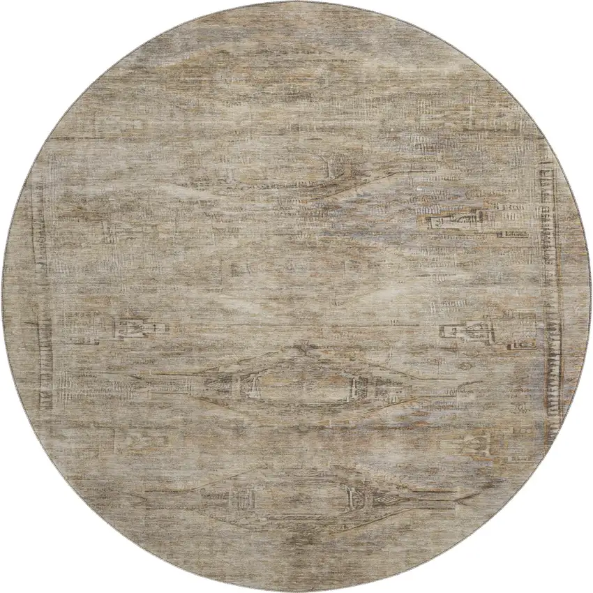 8' Brown Beige And Taupe Abstract Geometric Washable Round Rug With UV Protection Photo 1