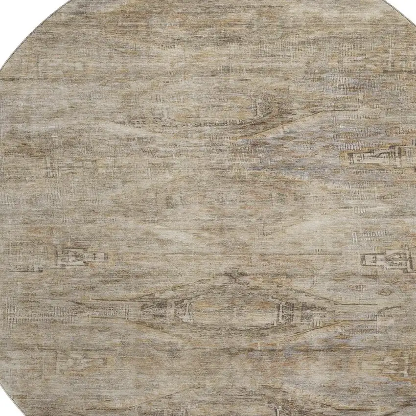 8' Brown Beige And Taupe Abstract Geometric Washable Round Rug With UV Protection Photo 2