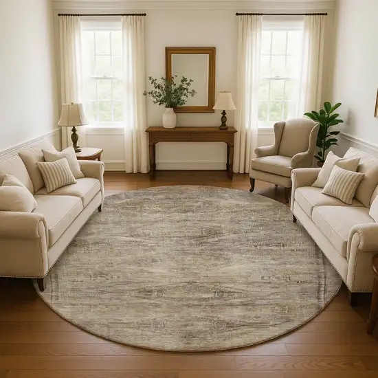 8' Brown Beige And Taupe Abstract Geometric Washable Round Rug With UV Protection Photo 4