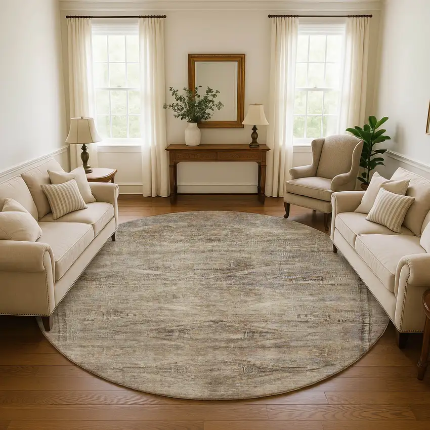 8' Brown Beige And Taupe Abstract Geometric Washable Round Rug With UV Protection Photo 4